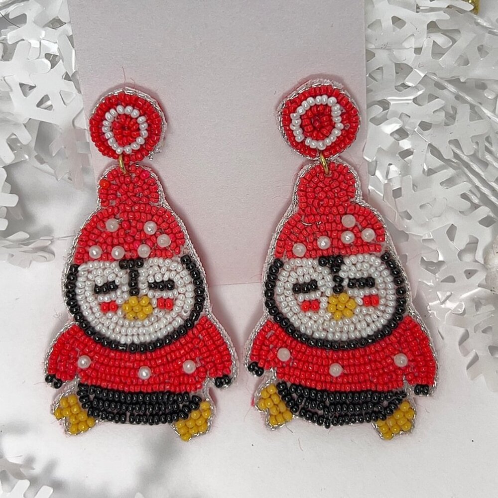 Handmade Beaded Earring, Penguin Red